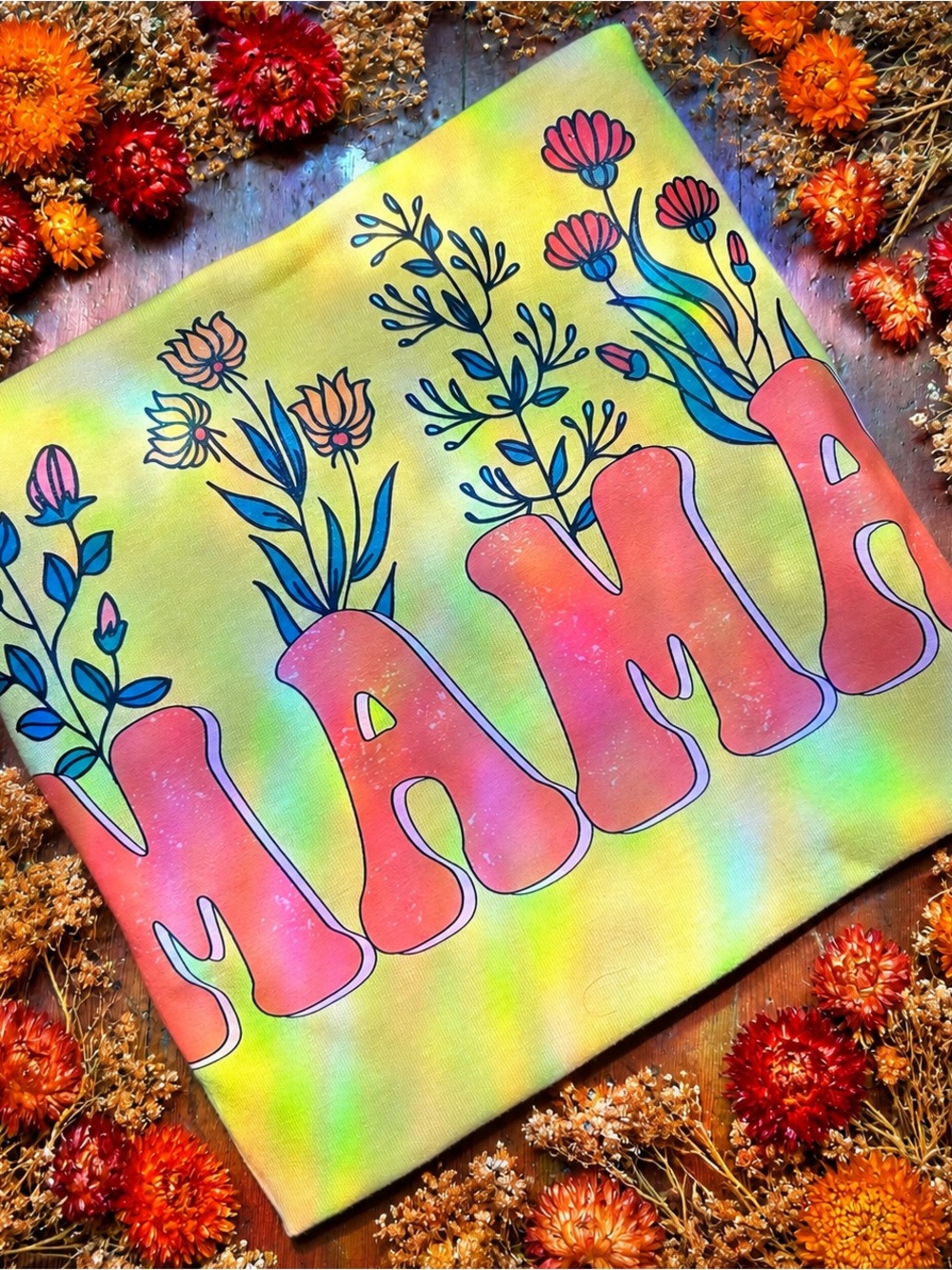 Hand-Painted 'MAMA' Floral Tee — Orange Letters on Yellow
